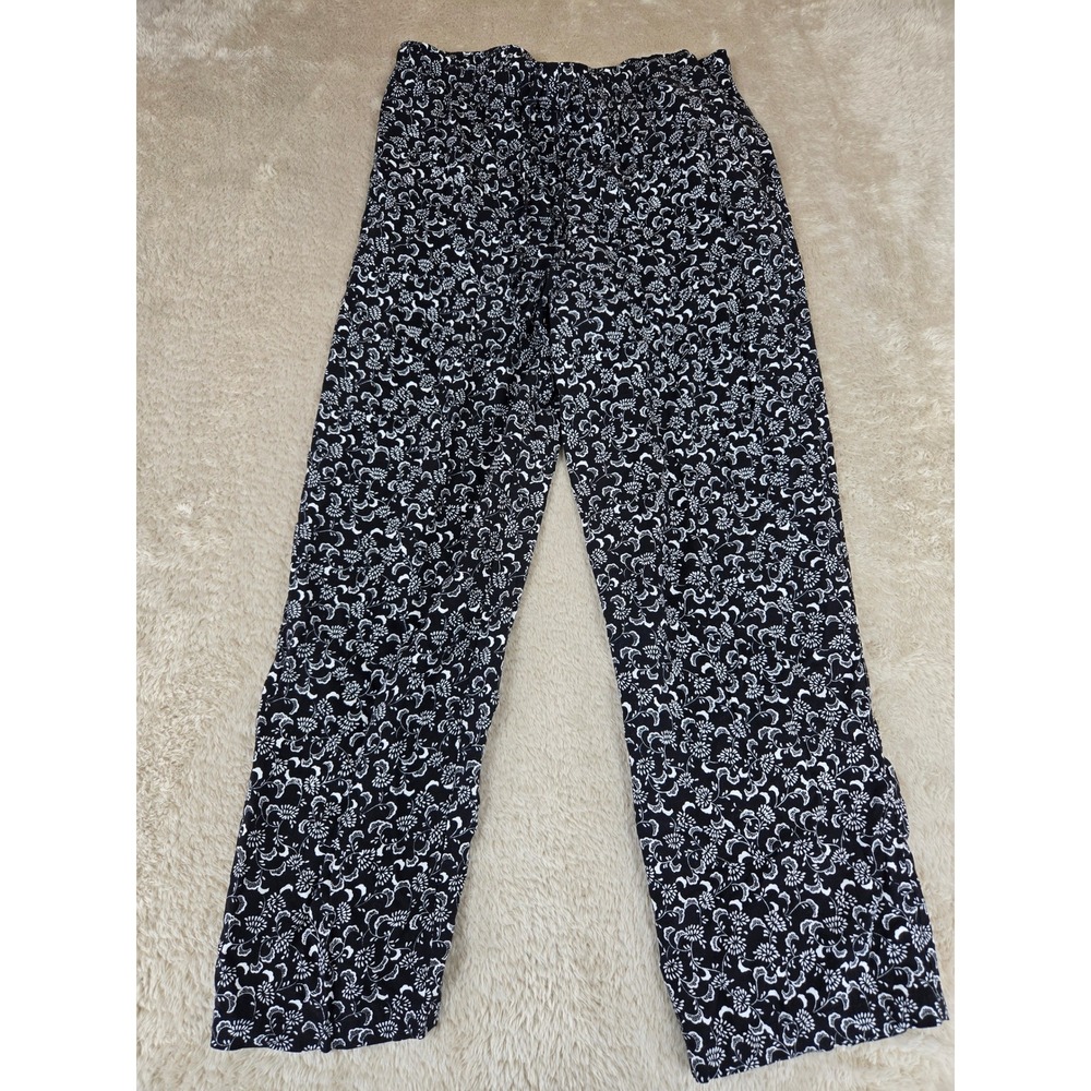 Sag Harbor Petite‎ Small Black White Floral Rayon Wide Leg Elastic Waist Pants